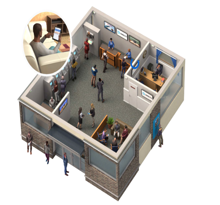 digital rendering of banking center from overhead with customers inside