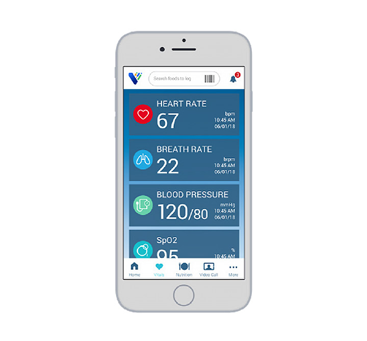 VitalCare screen view of heart rate, breath rate, and blood pressure.