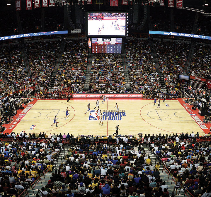 Ariel view of NBA Summer league court with AT&T 5G.