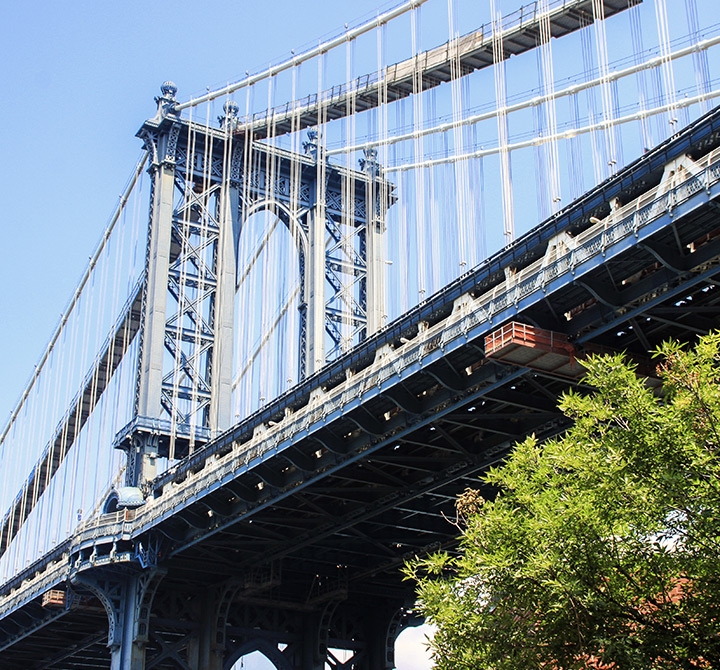 Suspension bridge viewed from below.