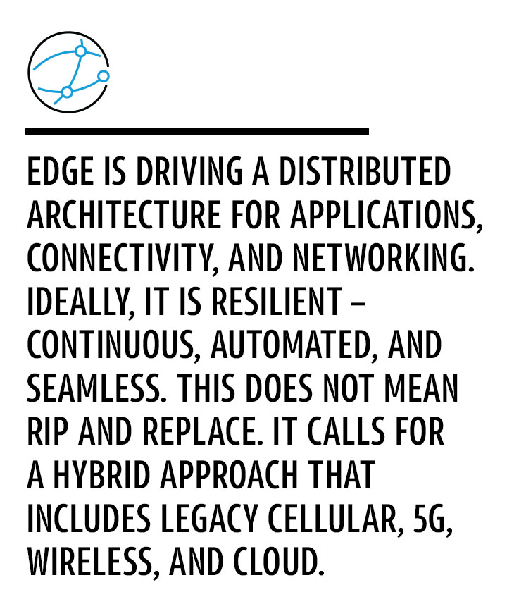 Edge is driving a distributed architecture for applications, connectivity, and networking. Ideally, it is resilient – continuous, automated, and seamless. This does not mean rip and replace. It calls for a hybrid approach that includes legacy cellular, 5G, wireless, and cloud.