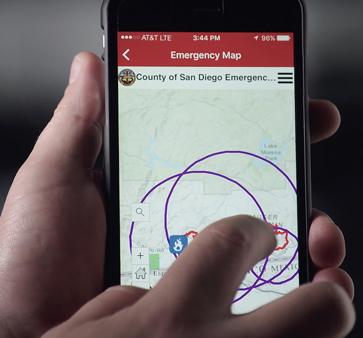 Smartphone screen showing County of San Diego Emergency Map