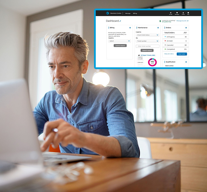 Man on laptop looking at his Business Center dashboard