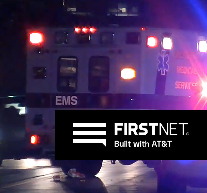 EMS medical vehicle image. FirstNet Built with AT&T label.