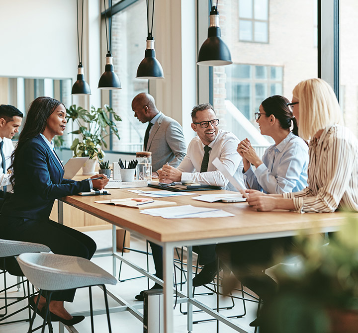 Work associate group gathered an office table