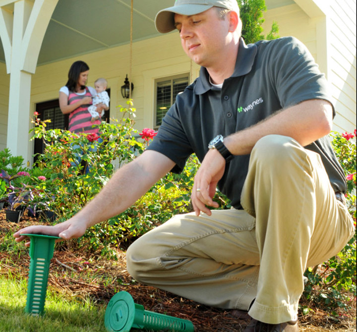 A service technician is installing termite bait stations in front of a home while a lady holding a baby are in background.