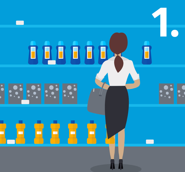 A digital art print of a woman looking at a grocery shelf.