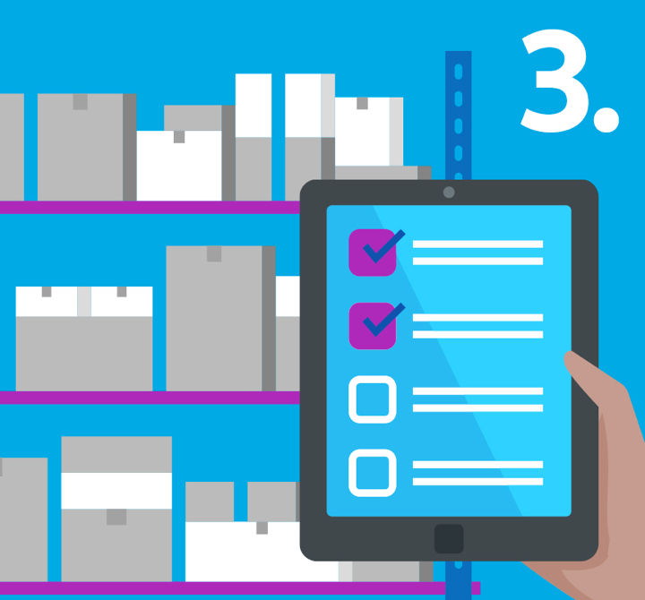 A digital art print of tablet checklist with shelves of boxes in the background.