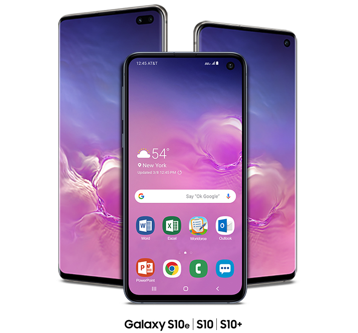 Samsung Galaxy S10 family (S10, S10e and S10+) mobile devices with S10 mobile facing the front