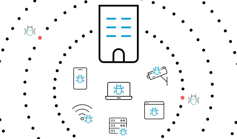 Graphic of several devices being protected by a cybersecurity firewall.
