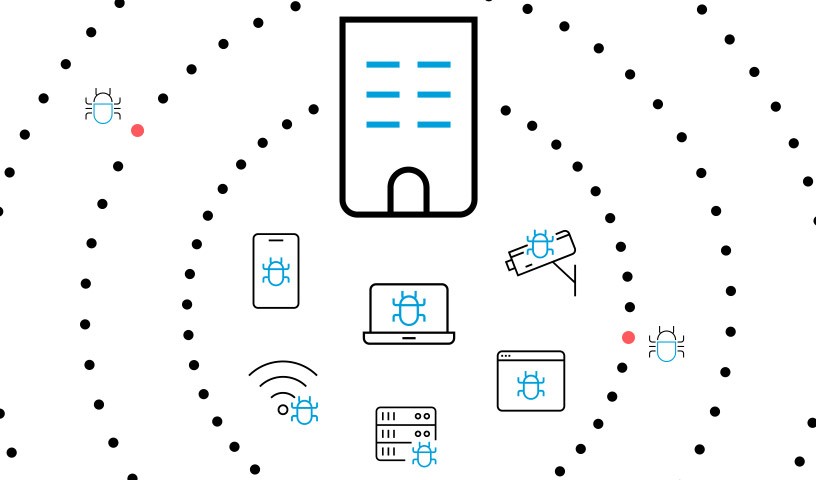 Graphic of several devices being protected by a cybersecurity firewall.