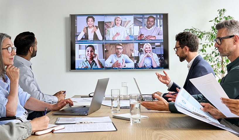 Work associates collaboration with conference call