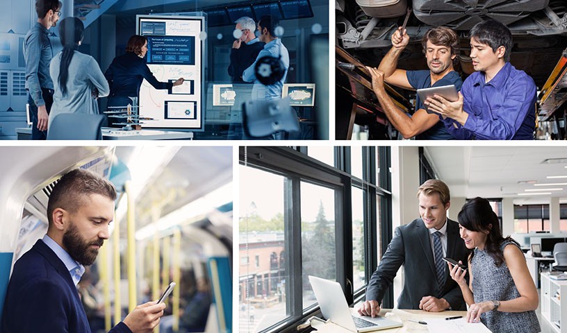 Various panes of employees using mobile, tablet, and full touch screens.
