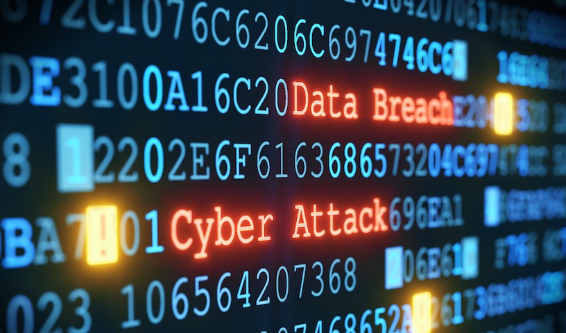 A close-up on an abstract design of a display, which is warning about a cyber attack. Multiple rows of hexadecimal code are interrupted by red glowing warnings and single character exclamation marks. The image can represent a variety of threats in the digital world: data theft, data leak, security breach, intrusion, etc...