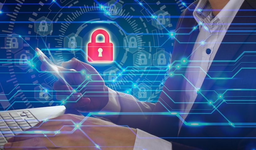 Businessman hand use smartphone and laptop with padlock technology, Cyber Security Data Protection Business Technology Privacy concept
