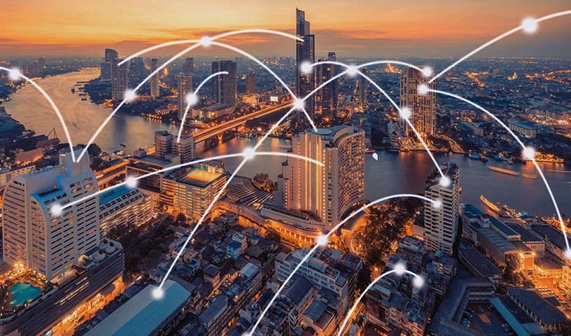 Influencer energy demand image of city and connectivity graphics