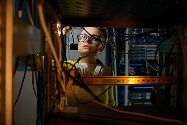 Young woman IT engineer working in datacenter room. Female IT technician checking and connecting ethernet cables while working with supercomputer