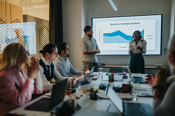 Business people in a presentation meeting around a table