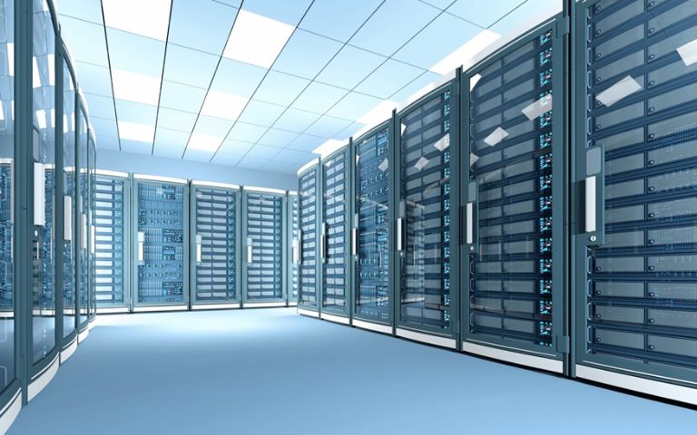 State-of-the-art data center server room illuminated by bright light with rows of black cabinets. High key scene with white illumination. Aisle surrounded by black cabinets with glass doors protecting servers with displays full of data, numbers, and blue blinking lights and leds. Simulation of a modern and futuristic cloud computing and data storage facility with telecommunications equipment. Digitally generated image.