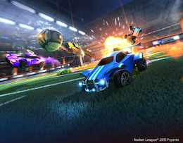 Blue sports car and other cars in action in an online car game