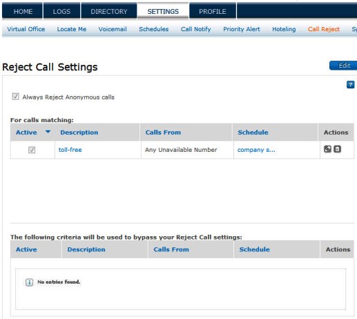 Reject call settings page